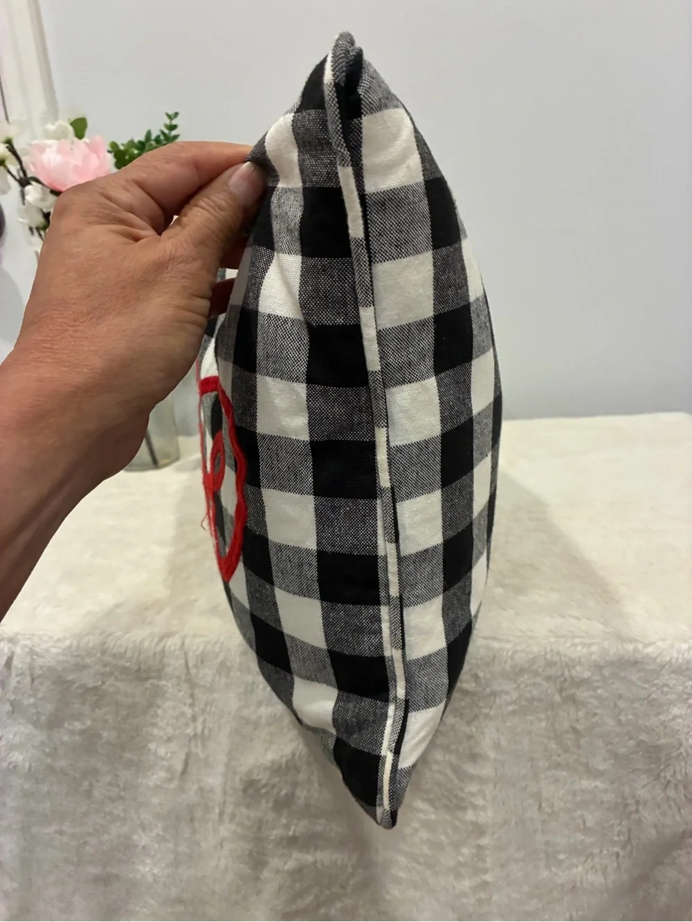 'Believe' Plaid Accent Pillow in Black, White & Red